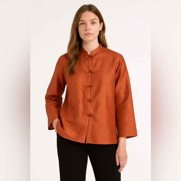 Eileen Fisher 100% Crushed Silk Asian Style Top Jacket Tunic Rust Color Sz Large - Picture 1 of 16